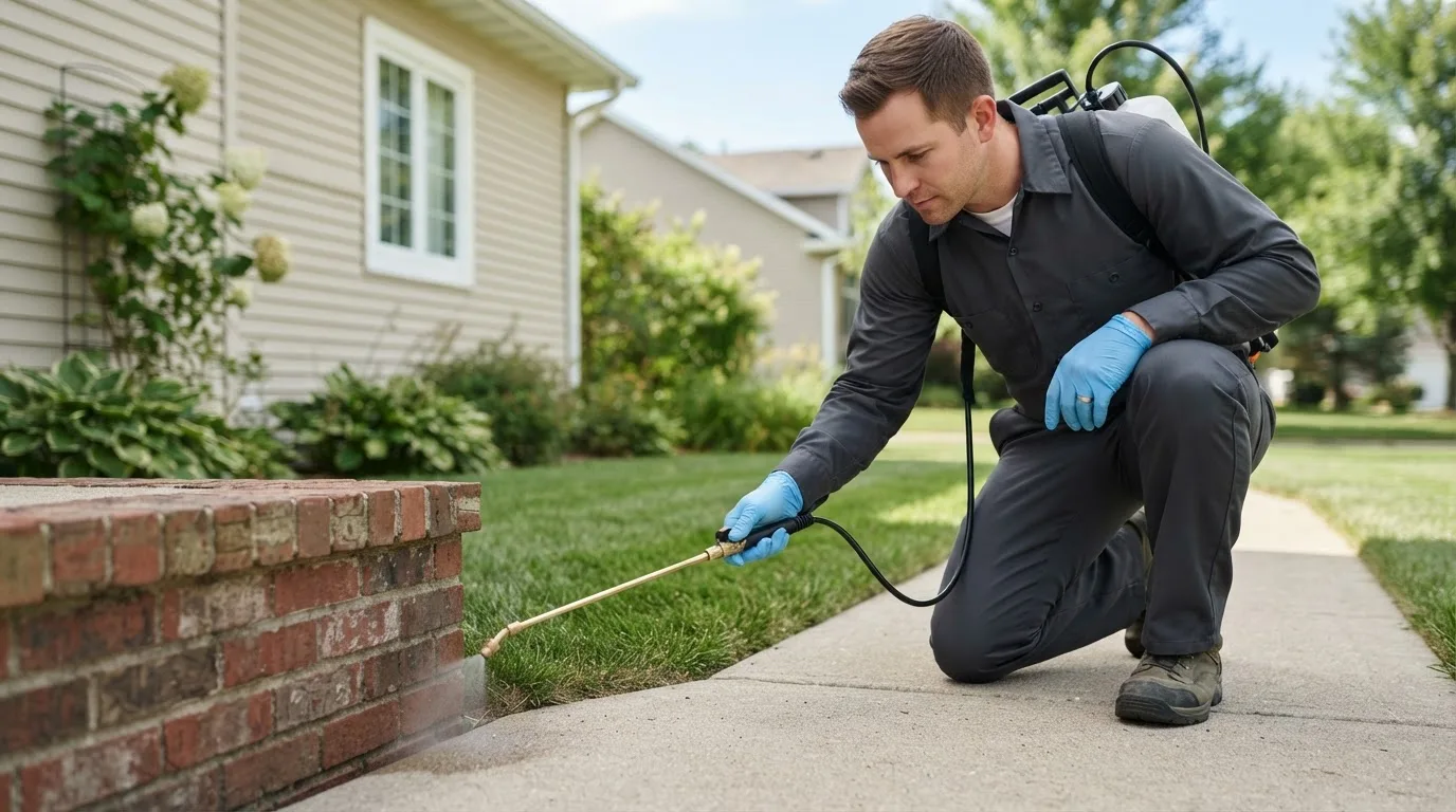 Pest control technician treating a home near Arock, OR